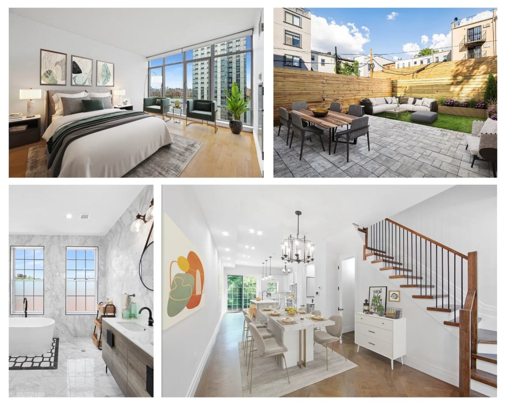 A collage of modern interior and exterior home spaces including a bright bedroom with floor-to-ceiling windows, a spacious fenced-in backyard patio with outdoor seating, a marble bathroom with a freestanding tub, a sleek dining area with contemporary lighting, and a minimalist staircase in a white hallway.